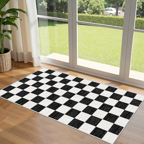 Othilic Front Door Mat Indoor Entrance - 2x4.3 Black and White Non-Slip Washable Doormat Outdoor Entrance Porch Rug Checkered Runner Rug for Kitchen Hallway Bedroom Laundry Room Porch Decor