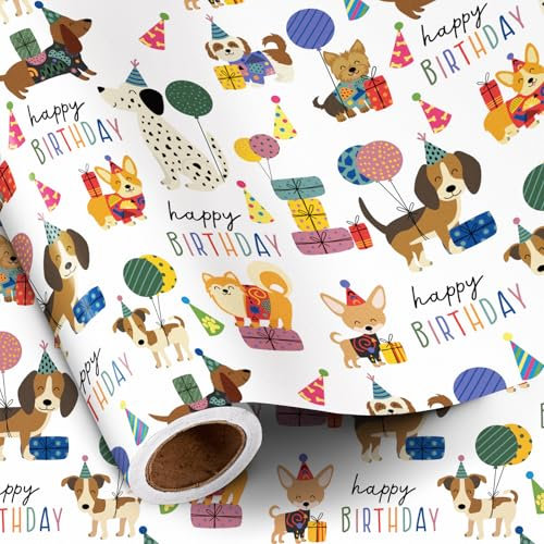 RUSPEPA Hunde-Geburtstags-Geschenkpapierrolle für Jungen und Mädchen,süßes Hündchen, Ballon und Geschenkbox mit „Happy Birthday“-Schriftzug, Geschenkpapier für Kinder, 43,2 cm x 5 m