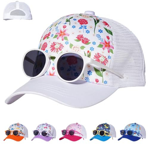 LUKIUP 2 Stücke Baseballkappe Sonnenbrillen Set für Mädchen, Verstellbare Cappy Kinder, Basecap für Kinder Mädchen Geschenke Cartoon-Muster