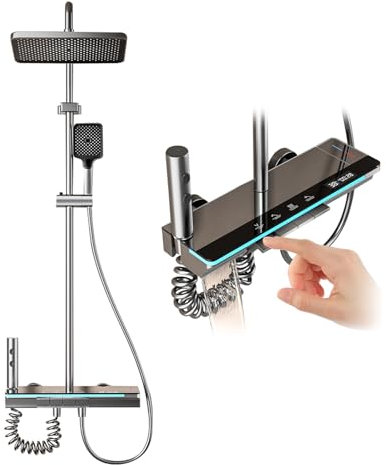 Set doccia con soffione quadrato, 3 tipi di getto, con display digitale LED, asta doccia regolabile, set doccia con doccia a pioggia, doccia con rubinetto