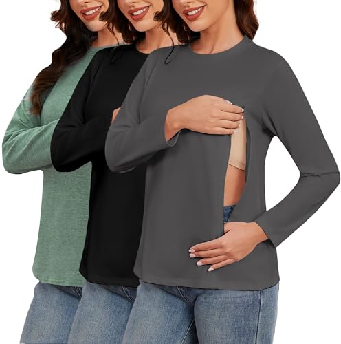 Love2Mi Confezione da 3 magliette da donna a maniche lunghe con chiusura lampo, per allattamento, per donne incinte