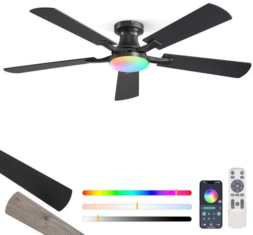 ZMISHIBO Ventilador de Techo 132cm con Luz RGB,Control por APP y Control Remoto, Montaje en Techo Bajo,Luz LED Regulable,Motor Reversible Silencioso,Diseño de Palas Dobles (Negro & Gris Marrón)