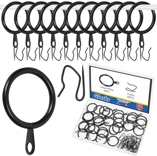 Glarks 30 Set di anelli per tende in metallo nero da 25 mm/1 pollice, set di anelli per tende e ganci per tende, anelli scorrevoli con occhiello per finestre scorrevoli e porte del bagno