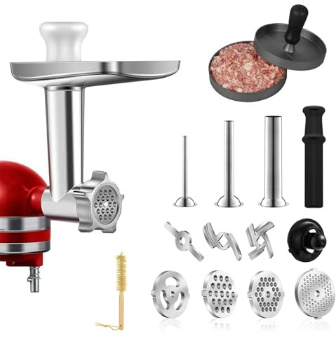 Fleischwolf Aufsatz, Kitchen Aid Zubehör aus Edelstahl mit 4 Mahlscheiben 3 Wurstfüllrohre 3 Klingen 1 Stößel und 1 Hamburger-Maschine zum Fleisch Wolfen Verarbeiten Obst Gemüse und Hartkäse