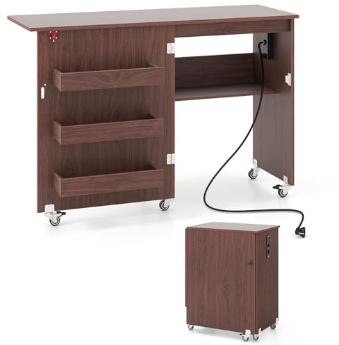 COSTWAY Mobile per Macchina da Cucire Pieghevole, Tavolo da Cucito con Stazione di Ricarica, Ruote Bloccabili, Ripiano e Contenitori (Marrone Scuro, 116 x 41 x 78 cm)