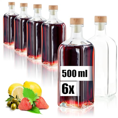 Wilhelm Sell® 6x botellas de vidrio 500 ml con tapón de corcho | recipiente de vidrio para aceite, vinagre y licores