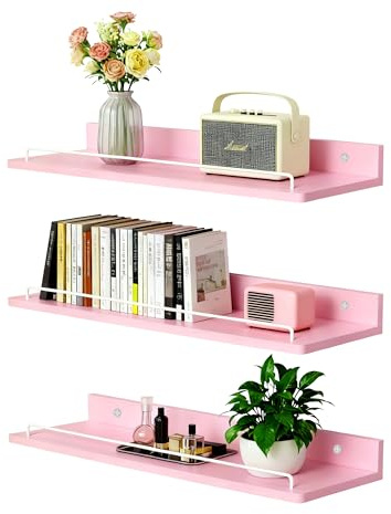 Jemyxhw Wandregal, Schweberegal, 3er Set, 14 x 40 cm, Bilderleiste Holz Wandregal Kinderzimmer Bücherregal Wand für Wohnzimmer, Schlafzimmer, Bad, Küche (Rosa)