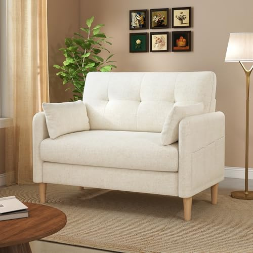 Urhanherry Sofa 2 Sitzer, Couch mit Abnehmbaren Sofabezügen, Modernes Sofa mit Kissen und Seitentasche, geeignet für Büro, Wohnzimmer, Schlafzimmer, Einfache Montage, 120x76.5x95.5 cm, Beige