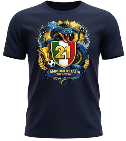 Generico Maglietta Celebrativa Campioni d’Italia 2025-2026 – Scudetto 21 – T-Shirt da Adulto Calcio con Stemma Tricolore, Trofeo e Serpente – Idea Regalo Tifosi