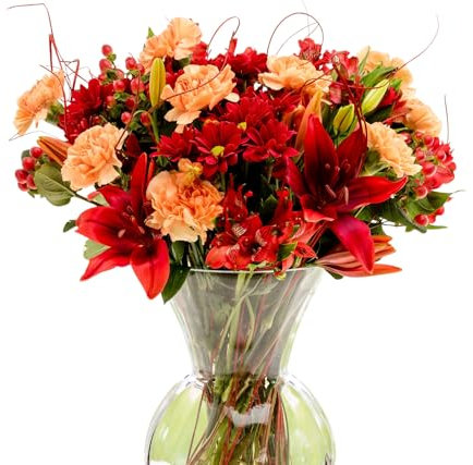 Sendabunch A Winters Wish Fresh Flowers Bouquet - Rich in Red and Orange Carnations, Chrysanthemums & Alstromeria with Seasonal Foliage - 10 Day Freshness Guarantee
