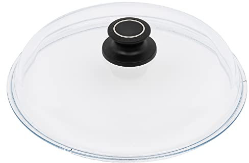 MaxxGoods Simax Tapa de cristal de 24 cm de diámetro con botón y apta para horno, válvula de purga automática, resistente al calor hasta 260 °C, tapa de cristal para ollas, asadores y sartenes, tapa