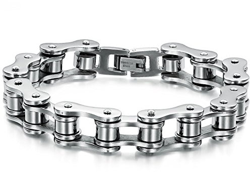 Keybella Herren Edelsathl Fahrradkette Armband, 13mm Breit Biker Glieder Link Handgelenk poliert Panzerkette Kettenarmband Biker Motorradkette, schwarz Silber