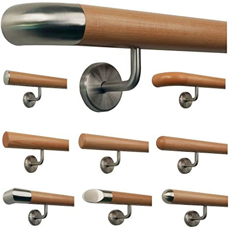 TIBU Buche Geländer Handlauf Treppe Holz Griff gew. Edelstahlhalter, Länge 30-500 cm aus einem Stück/Variante:270 cm mit 4 Halter Edelstahlbogen