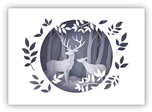 Kartenkaufrausch Klassische Weihnachtskarte in Papercut Optik (NICHT 3D) mit Rotwild Hirsch im Wald • als moderne Weihnachtspost zum Jahreswechsel für Familie und Firma