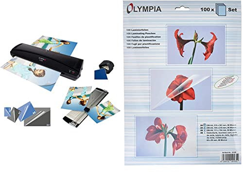 Olympia 4 in 1 Set A 230 Laminierset für A4, schwarz & 9165, Laminierfolien, verschiedene Größen im Set, Sortimentspack, 80 mic, 100 Stück, glänzend/transparent, geeignet für alle Heißlaminiergeräte