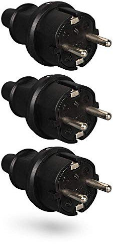 HEITECH Gummi Schutzkontakt Stecker mit Knickschutz - 3x Schutzkontaktstecker schwarz, 250V, 16A, IP20 für Innenbereich - Vollgummi Schuko Stecker