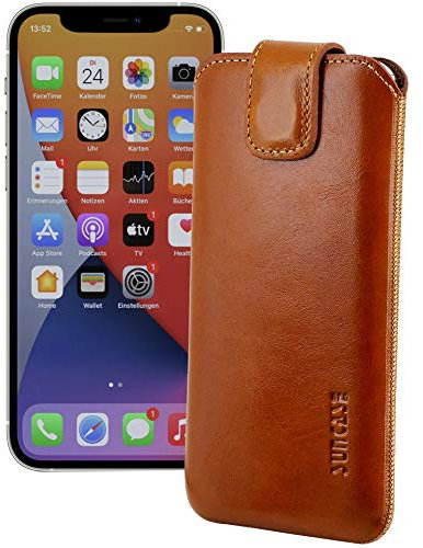 Suncase ECHT Ledertasche Leder Etui kompatibel mit iPhone 12 Pro (6.1) (mit Rückzugsfunktion und Magnetverschluss) Cognac