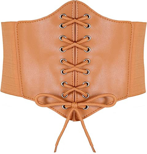 Hoerev Damen Mädchen Elastisch Breites Band Elastisch Gebunden Waspie Korsett Taille Gürtel Bustiers Korsetts,BraunGelb,L