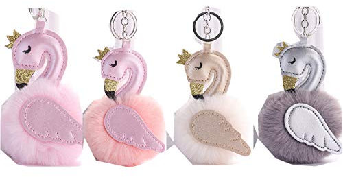 Freesom Lot de 4 Porte Clé Clef Femme Pompon Poil Homme Enfant Pendentif Cygne Kawaii Peluche Artificiel Or Original Chic Fantaisie Accessoire de Sac Décoration Voiture Cadeau Pas Cher Rose Blanc