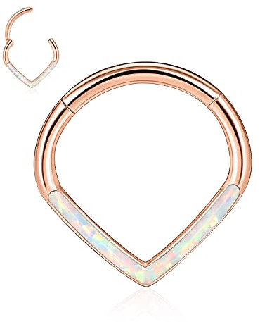 16G Teardrop White Opal Nose Hoop Daith Jewellery Septum Ring Helix Clicker Nose Rings Rose Gold 316L Surgical Steel Hinged Segment 8mm Cartilage Earrings Hoop Daith Tragus Rook Conch Piercing