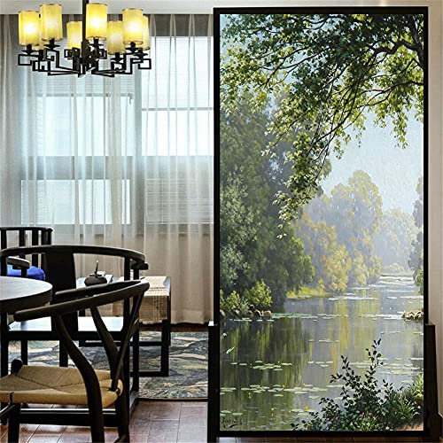 LXDWEI Dekorative Fensterfolie Privatsphäre Waldbach-Landschaft Ölgemälde statisch haftende Fensteraufkleber kein Kleber mattierte Fensterverkleidungen Fenstertönung 82x180 cm