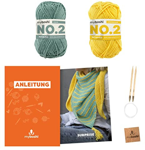 myboshi Strickset Dreieckstuch Surprise für Anfänger, inkl. No.2 Wolle, Nadel und Anleitung, Strickpaket, 85% Baumwolle, 15% Kapok Grün, Gelb mit Rundstricknadel