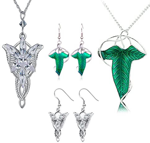 HJYZY 4 Stück Damen Halskette Arwen Evenstar Kette Anhänger Elfen Schmuck Elfengrüne Lorien-Brosche/Halskette/Ohrringe