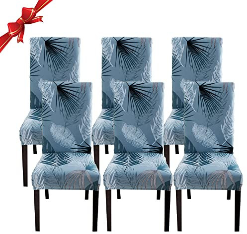 Jaotto Stuhlhussen 6 Stück Universal, Stuhlhusse Stretch 6er Set Moderne, Stuhlhussen Schwingstühle Elastische Langlebig Stuhlhussen für Esszimmer Bankett Deko(Blaue Blätter,6 Stück)