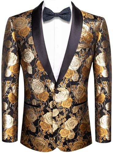 Hi-Tie Stylish Floral Men Sequins Blazer Jacket Tuxedo Slim Fit Dress Suit Long Sleeve Shawl Lapel Sequins Coat for Party