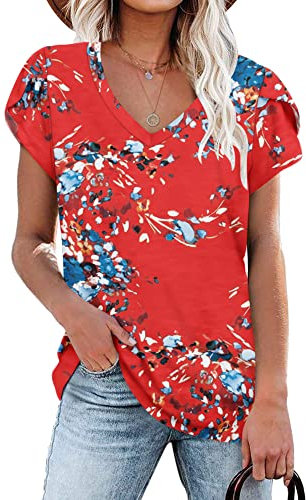 PLOKNRD Damen Tops V-Ausschnitt Blütenblatt Ärmel T-Shirt Sommer Freizeit Kurzen Ärmeln Strand Oberteile(Blumen blau,XL)