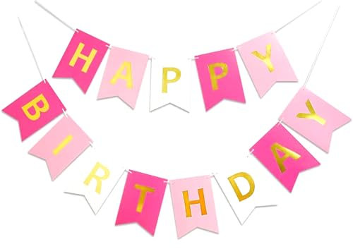 SARTHAM Cartel rosa de feliz cumpleaños con letras doradas, pancarta para decoraciones de fiesta, bandera de cola de golondrina, letrero de feliz cumpleaños (letras doradas)