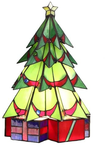 Bieye L30678 Lampada da tavolo decorativa in vetro colorato in stile Tiffany, a forma di albero di Natale in pino, luce notturna, verde, 28 cm di larghezza x 40 cm di altezza
