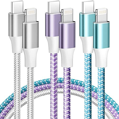 Lot de 3 câbles USB C vers Lightning - 2 m + 3 m - Couleur : nylon - Fast USB type C - Câble de charge PD - Charge rapide - Données - Pour Apple 14 Pro/14 Pro Max/13 Pro Max/13/12/11 Pro/X
