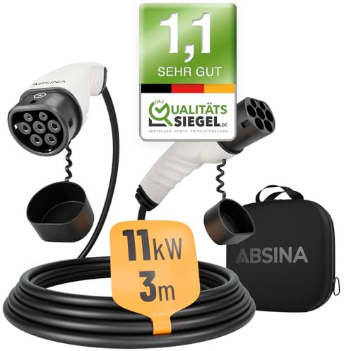 ABSINA Typ 2 Ladekabel 11kW & 16A für Hybrid & Elektroauto - 3 Meter Typ 2 Ladekabel 3 phasig - Mode 3 Ladekabel - Kompatibel mit Model 3, e-Up, ID.3, Zoe, EQ fortwo, Kona Elektro, ID.4 UVM