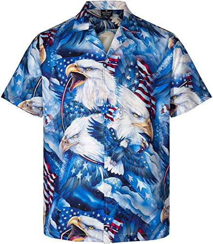 MIKENKO Eagle American Flag Button Up Shirt 4th of July Hawaiian Shirt Short Sleeves Patriotic Button Down Shirts for Men, Eagle Blue, Blue