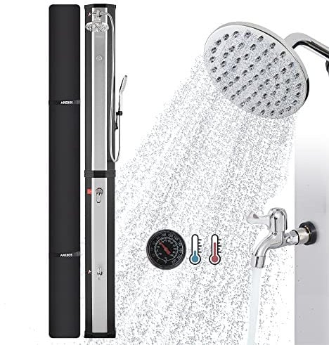 Arebos Ducha Solar 60 L | con Teleducha y Termómetro | Temperatura del Agua hasta 60°C Ducha de Piscina Camping | Ducha Redonda | Tecnología Snap-In | Incl. Tapa | Negro-Plata