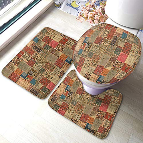 Set 3 Teilig Badvorleger Böhmisches Design, Vintage, Retro, Mexikanisches Vintage, Boho Stammesmuster, Abstrakte Kunst Badezimmer Set Wasserabsorbierend Badgarnitur Badematten, Für Badezimmer