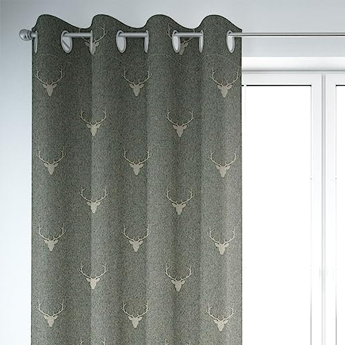 SCHÖNER LEBEN. Vorhang Jacquard Hirschkopf mit Geweih grün beige, Gardinen Aufhängung:Ösen