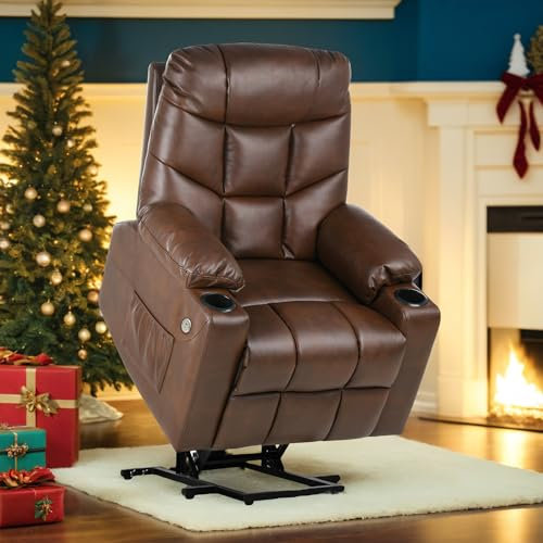 YITAHOME Recliner Armchair, Power Massage Lift Recliner Chair with Heat Vibration for Elderly, Heavy Duty Safety Motion Reclining Mechanism, Faux Leather Electric Reclining Chairs (Brown)