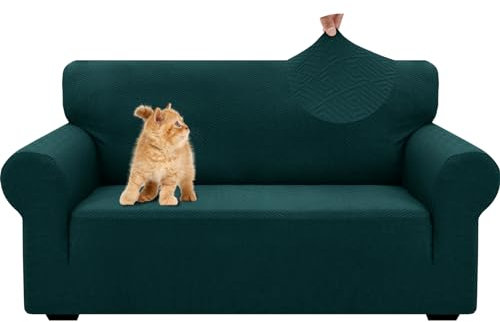 YSTELLAA Stretch Sofa Überzug 2 Sitzer, Sofaschoner rutschfest Mit Armlehne, Dicke Sofabezug Für Hunde Katzen Und Haustiere, Universal Jacquard Sofabezug, Waschbare Sofa Cover, Dunkelgrün