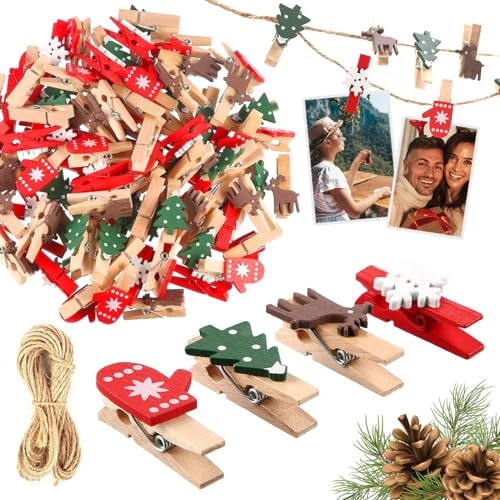 SPERMUOY Weihnachten Holzklammern,50 Stück Weihnachten Holz Clips Weihnachten Wäscheklammern Klammern Weihnachten, Mini Holzklammern Weihnachten zum Dekorieren von Weihnachten, Fotowänden etc.