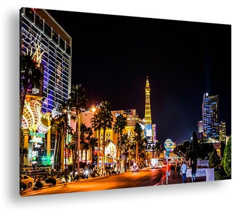 deyoli Innenstadt von Las Vegas bei Nacht Format:90x60 cm als Leinwandbild, Motiv fertig gerahmt auf Echtholzrahmen, Hochwertiger Digitaldruck mit Rahmen
