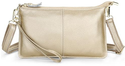 SODOLLEE Geldbörse Damen Handy Umhängetasche Echte Leder Handytasche Frauen Kleine Schultertasche Clutch Portemonnaie für Dating Einkaufen Gold