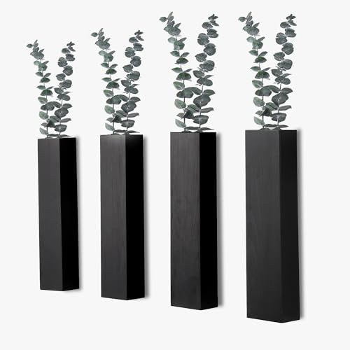 Hukalw Wall Planters for Indoor Plants, Set of 4 Black Modern Farmhouse Wood Wall Decor for Indoor Plants, Hanging Planter for Living Room, Bathroom Wall Decor, Dried Flowers and Faux Greenery