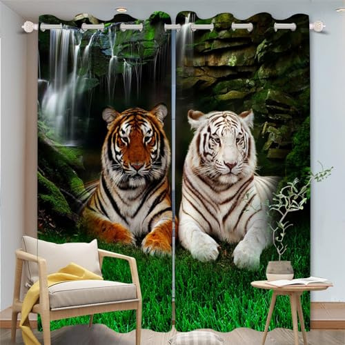 FABTOP Tiger Gardinen Verdunklungsvorhänge 3D Vorhang Tier Tiger Gardine Verdunklungsgardine Mit Ösen Modetier Tiger Vorhänge Blickdicht Für Wohnzim Kinderzimmer (2,150×166BxH (75×166cm×2))