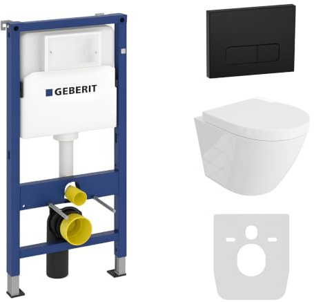 Lavita Duofix Basic Vorwandelement + Wand Tiefspül WC Sogo Weiß Spülrandlos + WC Sitz + Bedienplatte Delta 25 Schwarzer Knopf Komplettset Unterputz Spülkasten Toilette Komplett Sett WC