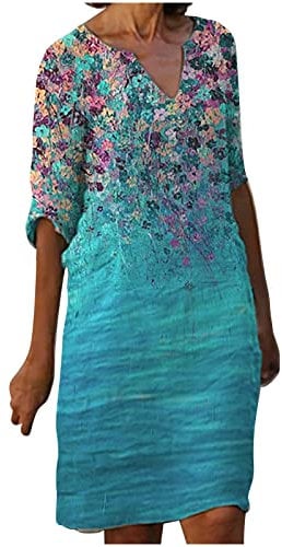 Zeiayuas Cotton Linen Dresses for Women V Neck Half Sleeve Midi Dress T Shirts Summer Knee Length Dress Beach Loose Solid Color Casual Dresses Mother of The Bride Outfits UK Size 8-18