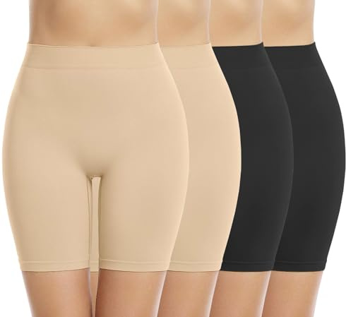 Memoryee 4 Pack Women's Safety Boxer Shorts Leggings Anti Chafing Slip Underwear Seamless Stretchy Panties for Under Dresses and Yoga/Black/Black/Beige/Beige-4Pack/XL