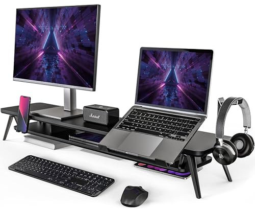 Fenge Monitor Stand, Dual Monitor Riser for 2 Monitors with Adjustable Laptop Riser, 108cm Desk Organizer with Pad/Headphone Holder Max Load 50KG (Black)