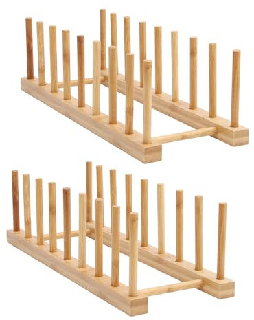 Bamboo Wooden Plate Racks for Kitchen - Set of 2 Kitchen Plate Rack and Dish Rack Wooden Stand Cabinet Organizer for Bowl, Cup, Cutting Board